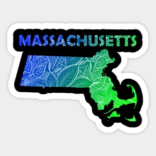 Colorful mandala art map of Massachusetts with text in blue and green Sticker